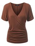 Made By Johnny Women's V Neck Short Sleeve Wrap Front Drape Dolman Tunic Top, Wt1118_rust, Large