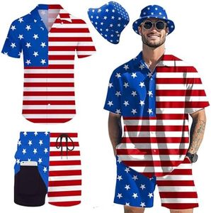 Mens 2 Piece Outfits Summer, American Flag Button Down Funny Shirts, Hawaiian Outfits for Men,USA Flag Patriotic S