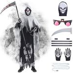 Aitsite Kids Grim Reaper Costume, Halloween Black Cloak,Polyester Hooded Cloak Skull Face Mask Skull Gloves Sickle Accessories,Halloween Fancy Dress Costume Boys,Carnival Cosplay Party Outfit