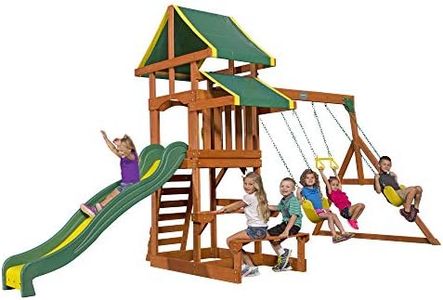 Backyard Discovery Tucson All Cedar Swing Set, Covered Upper Deck and Snack Bench Playhouse, Two Belt Swings, Trapeze Bar, 8 Ft Super Speedy Slide and Rock Climbing Ladder