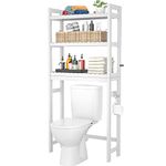 Homykic Over The Toilet Storage, Bamboo 3-Tier Over-The-Toilet Space Saver Organizer Rack, Stable Freestanding Above Toilet Stand with 3 Hooks for Bathroom, Restroom, Laundry, White
