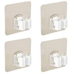 Irich 4 Pcs Mop Broom Holder, Self Adhesive Mop Organizer Wall Mount Broom Clips Holder for Kitchen Bathroom Closet Garden Garage (White)