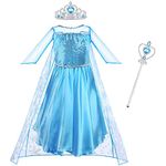 Vicloon Elsa Princess Costume, 3PCS Elsa Costume Dress, Elsa Dress with Fairy Crown Wand for Christening/Party/Pageant/Bridesmaid Princess Kids Dress Ball Gown