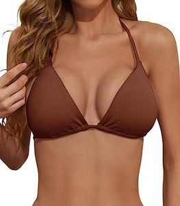 Zuvebamyo Women's Triangle Bikini Top Ribbed Push up Padded Halter String Bathing Suits Top, Coffee, X-Large