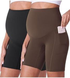 POSHDIVAH Women's Maternity Shorts Over The Belly Biker Yoga Active Pregnancy Workout Short Pants with Pockets 2PCS Black Dark Brown 8" Large