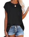 ADOREJOY Womens Summer Tops Cap Sleeve Tshirt Casual Loose Fit Blouse Tee with Pocket(Black,M)