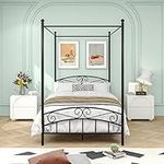 JURMERRY Canopy Double Bed Frame with Ornate European Style Headboard & Footboard Sturdy Steel Perfectly Easy DIY Assembly,Texture Black