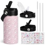 Kids 12oz Insulated Water Bottle, 18/8 Stainless Steel Tumbler with 2 Leakproof Straw Lids, Portable Thermo Cup with Silicone Carry Handle for School Backpack, Lunchbox, and Outdoor Sports