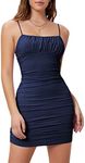 Verdusa Women's Ruched Bust Spaghetti Strap Mini Cami Bodycon Short Dress Navy Blue M