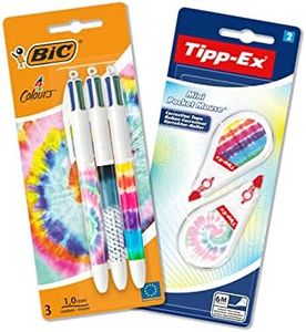 BIC 4 Colours 4 Colours Ballpoint Pen and Tipp-Ex Correction Roller Stationery Set in Tie Dye Batik Look, 3 Pens and 2 Correction Mice