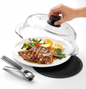 OVAMILA Microwave Splatter Cover, High Borosilicate Glass Microwave Cover with Silicone Handle, 3-in-1 Set with Heat Resistant Mat and Anti-Scald Tongs, Dishwasher Safe