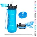 OLDLEY 750ml/25oz Water Bottles with Straw Leakproof Tritan Water Bottles Plastic Drink Bottles Reusable Hydrate Sports Bottles BPA Free Filter Time Markings Gym Bottles for Women Men(Blue, 2 Lids)