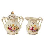 YOLIFE Porcelain Sugar and Creamer Set, Ivory Milk Jar Sugar Bowl with Lid, Flower and Gold Leaves Edge