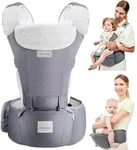 Bebamour Baby Carrier Newborn to Toddler-2 in 1 Hip Seat & Carrier Front and Back Carry with Head Hood & 3 Pieces Teething Pads& Waist Extenders & Storage Bag 0-36 Months (New Grey)