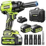 Robustrue 1000N.m(740ft-lbs) Cordless Impact Wrench, High Torque Brushless 1/2 Impact Gun, 21V 2 x4.0Ah Battery, Fast Charger, 4 Sockets, Pistola De Impacto for Home Car Tires Truck Mover