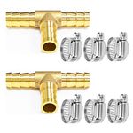 Da by 2 pcs 3/8"(10mm) Brass Tee Barb Fittings for 3/8" ID Hose,6 pcs Stainless Steel Pipe Clamps,3 Way Union Intersection for Water/Fuel/Air(T)