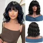 Esmee Bangs, Short Black Bob Wigs for Women, Wavy Bob Wig with Bangs Synthetic Natural Looking Heat Resistant Fiber Wigs Daily Party Cosplay Use-13 Inches