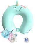 Travel Neck Pillow for Kids,Unicorn Memory Foam Pillow with Cute Eye Mask & Earplugs, Lightweight U-Shaped Travelling Pillow Set for Airplane, Car, Train, Bus and Home Use (Blue)