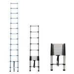 3.8M Telescoping Ladder Stainless Steel One-Button Retraction Extension System Folding Lightweight Ladder,for RV, Loft, Attic, Home for Indoor and Outdoor Use, 330lb Load Capacity