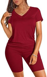 WIHOLL Sexy 2 Piece Outfits for Women Short Sleeve V Neck Clothing Red XL