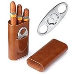 Time C club Cigar Case Travel 3- Finger Elegant Leather Cigar Case with Cedar Wood Lined Cigar Cutter