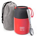 Insulated Food Flask - 530ml Stainless Steel Jar for Hot and Cold Meals – Double-Wall Insulation, Thermal Food Container for School, Office, Travel, Camping - Foldable Spoon, Bag - Red - 24.7 oz