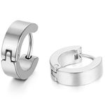 JewelryWe Pair of Mens Huggie Hoop Earrings Stainless Steel Hinged Snap Earring Set, Silver