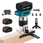 Cordless Power Router Woodworking - Palm Hand Routers, 300W Power Brushless Motor, 5 Gears Speeds with 3 Collets 6 mm, 6.35 mm, 8 mm (Incl. 2 Batteries)