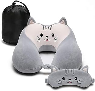 Travel Pillow for Kids and Adults, Cute Animal Memory Foam Neck Pillow with Soft Fleece Cover and Eye Mask Set, Airplane Pillow Travel Kit with Drawstring Organizer Bag, Machine Washable (Kitten)