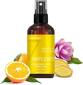 Seven Minerals, Magnesium Happy Joints Spray - Powerful USA Made Magnesium Oil Blend with Essential Oils (Turmeric, Ginger and Orange) - Free Ebook Included (4 fl oz)
