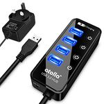 Powered USB Hub, atolla USB Hub with 4 USB 3.0 SuperSpeed Data Ports and 1 USB Smart Charging Port, USB Splitter with Individual On/Off Switches and 5V/3A Power Adapter