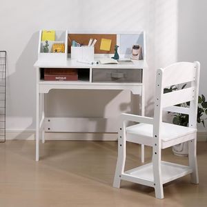 GarveeHome Kids Desk and Chair Set, Wooden Study Table with Storage Bins, Bookshelf, Bulletin Board, and Pen Holder, Writing Table for Boys and Girls, White