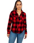 Womens Checked Shirt Long Sleeve Plaid Check Casual Blouse Tops (8, Red & Black Short Style)