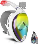 Odoland Snorkel Set, Snorkeling Packages with Dry Top Diving Mask, Adjustable Swim Fins, Mesh Bag, Anti-Fog Anti-Leak Snorkeling Gear for Men Women Adult White L