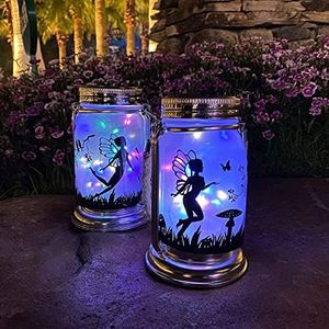 ANGMLN Solar Fairy Lantern for Garden Decorations- 2 Pack Outdoor Fairies Night Lights Gifts Hanging Lamp Frosted Glass Jar with Stake for Home Yard Garden Patio Lawn Party Decor