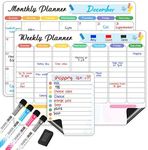 Magnetic Whiteboard Calendar Planner for Fridge, 3pcs Dry Erase Monthly Weekly Daily Plan Stick to Refrigerator, Kitchen Meal Shopping List Family Reminders, Magnet Memo White Board 4 Markers & Eraser