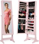 Best Choice Products Freestanding Jewelry Armoire Cabinet, Full Length Standing Mirror, Lockable Makeup Storage Organizer, w/Velvet Lining, 3 Angles, Lock, Accessory Pouch, 5 Shelves - Dusty Pink