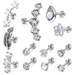 Incaton 12Pcs 16G Cartilage Earring Stainless Steel Cartilage Stud Earrings for Men Women Conch Forward Helix Tragus Daith Cubic Zirconia Piercing Jewelry, Metal