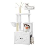 Feandrea WoodyWonders Cat Tree with Litter Box Enclosure, 2-in-1 Modern Cat Tower, Cat Condo with Scratching Posts, Removable Pompom Sticks, Washable Cushions, Cloud White PCT113W01