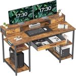 Treesland 47 Inch Multifunctional Computer Desk with Monitor Shelf, Professional Dual Tiers Writing Desk, 3 Drawers, and Storage - Sturdy Home Office Desk, Brown