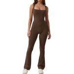 Xunerloy Sleeveless Ribbed Flared Jumpsuit Women Scoop Neck Seamless All in One Full Body Suit Bodycon Yoga Pants Unitard Casual Gym Bodysuit Playsuit Brown L