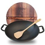 Keleday 14 Inch Cast Iron Wok with Lid Pre-Seasoned Cast Iron Wok with 2 Loop Handles Deep Frying Pan with Flat Bottom Traditional Chinese Food