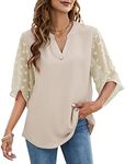 LUYAA Women's 3/4 Sleeve Tops and Blouses Dressy Casual V Neck Chiffon Blouse Tunic Tops, Apricot, Medium