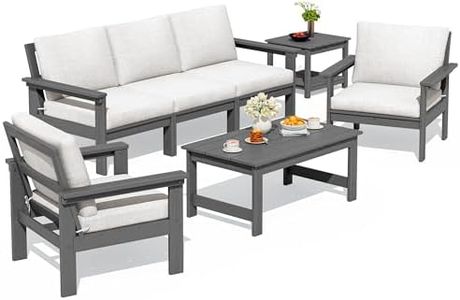 SERWALL HDPE Patio Furniture Set, 7-Piece Outdoor Sectional Sofa Set, All Weather Outdoor Couch Set for Deck, Lawn, Grey Frame with Khaki Cushion