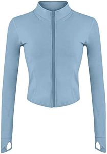 Yeokou Womens Active Zip Up Running Workout Cropped Bbl Athletic Jacket with Thumb Holes(Blue-XL)