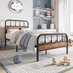 Elegant Home Products Twin Size Metal Bed Frames with Wood Headboard and Footboard,Heavy Duty Steel Slat,No Box Spring Needed,Mattress Foundation Easy Assembly,Under Bed Storage(Black and Brown)