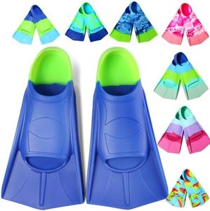 Fanwill Kids Swim Fins,Short Soft Silicone Flippers for Lap Swimming and Diving for Child,Girls,Boys,Adult ,Women Men(Blue&Acid Lime, X-Small)