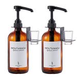 Onsogi Glass Mouthwash Dispenser with Cups Holders and Pumps, 16 Oz Rustic Boho Mouthwash Dispenser for Bathroom Farmhouse Decor - Amber