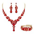 Ever Faith Costume Jewelry Austrian Crystal Gorgeous Wedding Prom Art Deco Floral Wave Teardrop Necklace Earrings BraceletSet Red Gold-Tone