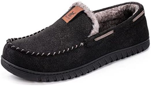 VeraCosy Men's Classic Moccasin Slippers Soft Faux Suede Memory Foam Closed-back Indoor House Shoes Black, 11 UK